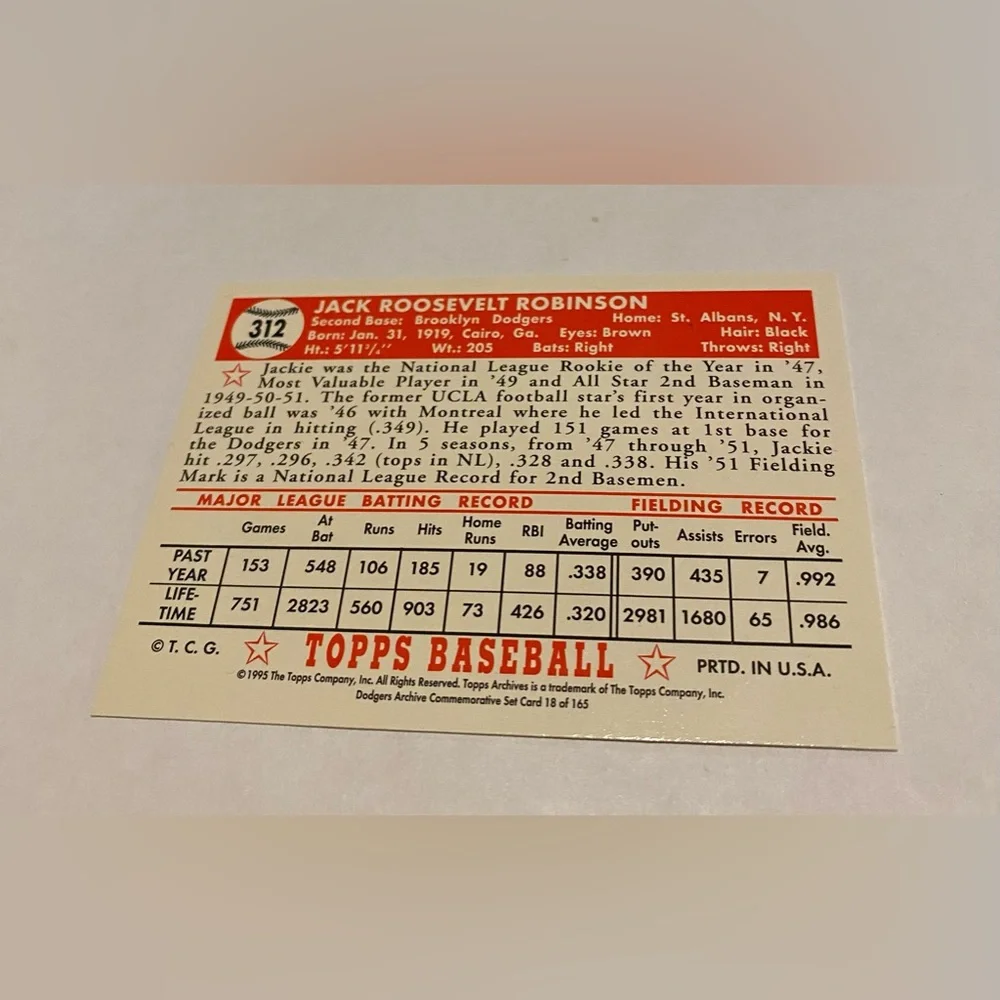 Jackie Robinson 1952 Reprint 1995 Topps Baseball Card #312/18 of 165